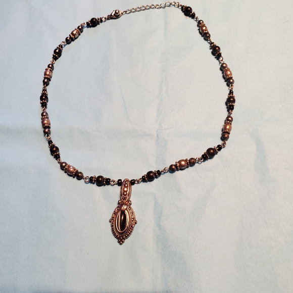 Silver, blue and charcoal beaded necklace - Picture 1 of 5